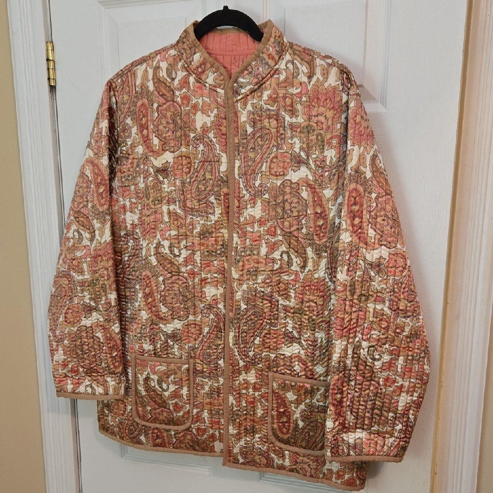 Women's Paisley Quilted Jacket - Tan, Rose, and Cream (Reversible)